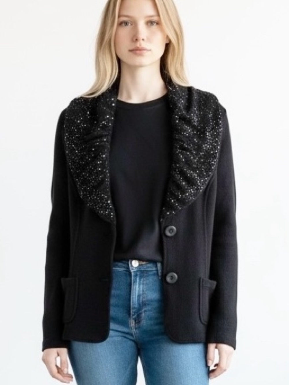 Black Sequin Embellished Shawl-Collar Evening Jacket Women's Button Closure Coat
